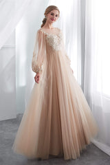 Lantern Sleeve Champagne Appliques Long Corset Prom Dresses outfit, Evening Dresses Modest