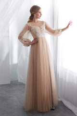 Lantern Sleeve Champagne Appliques Long Corset Prom Dresses outfit, Evening Dress Yellow