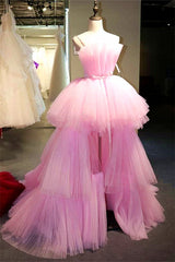 Latest High Low A-line Strapless Tulle Pink Corset Formal Corset Prom Dresses outfit, Party Dress For Christmas Party