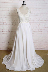 Latest Long A-line V-neck Lace Chiffon Corset Wedding Dress outfit, Wedding Dresses Short