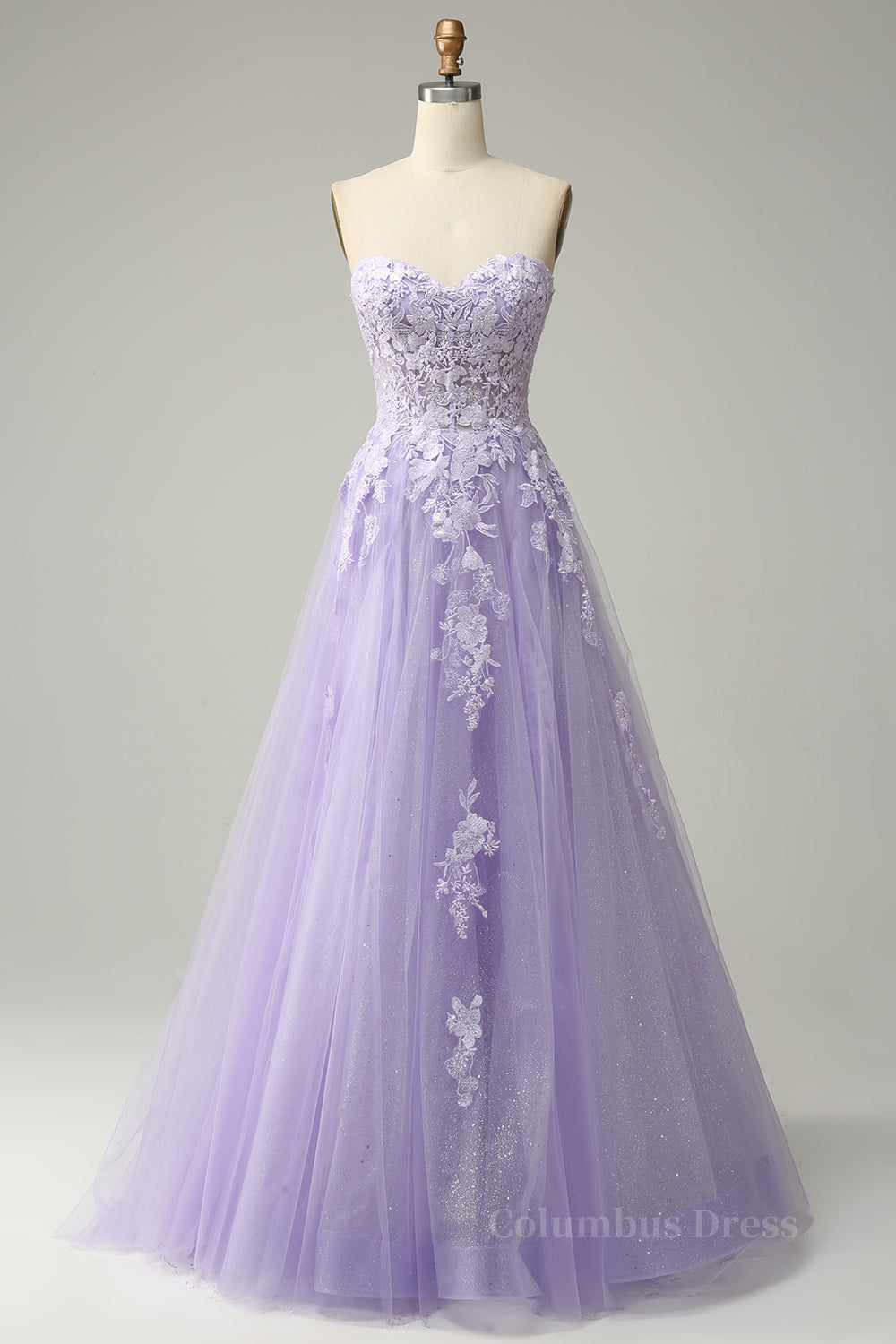 Lavender A-line Appliques Strapless Lace-Up Tulle Long Corset Prom Dress outfits, Prom Dresses Country