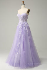 Lavender A-line Appliques Strapless Lace-Up Tulle Long Corset Prom Dress outfits, Prom Dress With Tulle