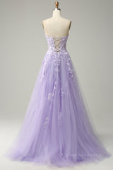 Lavender A-line Appliques Strapless Lace-Up Tulle Long Corset Prom Dress outfits, Prom Dresses Champagne