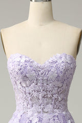Lavender A-line Appliques Strapless Lace-Up Tulle Long Corset Prom Dress outfits, Prom Dresses Ball Gown Elegant