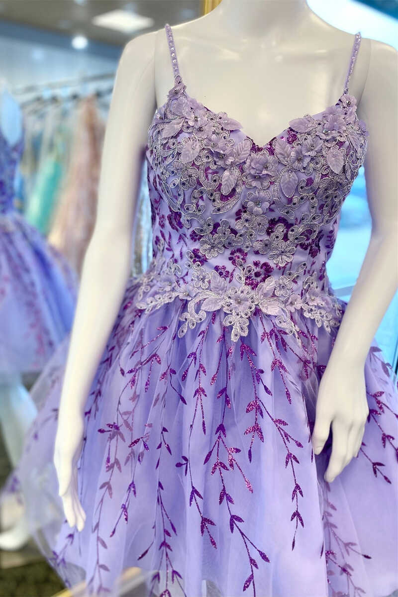 Lavender Floral Appliques A-Line Short Corset Homecoming Dress outfit, Homecoming Dress Sparkles