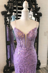 Lavender Floral Appliques Deep V Neck Mermaid Long Corset Prom Dresses Gala Dress Formal outfit, Bridesmaids Dress Floral