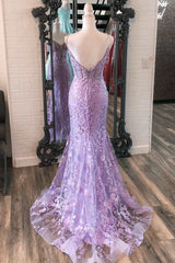 Lavender Floral Appliques Deep V Neck Mermaid Long Corset Prom Dresses Gala Dress Formal outfit, Bridesmaid Dress Floral
