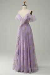 Lavender Floral Ruffles Tulle A-line Long Corset Prom Dress outfits, Party Dresses For Over 54S