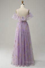 Lavender Floral Ruffles Tulle A-line Long Corset Prom Dress outfits, Party Dress For Over 54