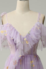 Lavender Floral Ruffles Tulle A-line Long Corset Prom Dress outfits, Party Outfit