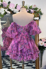 Lavender & Fuchsia Off-the-Shoulder Ruffles Corset Homecoming Dress outfit, Bridesmaid Dress Websites