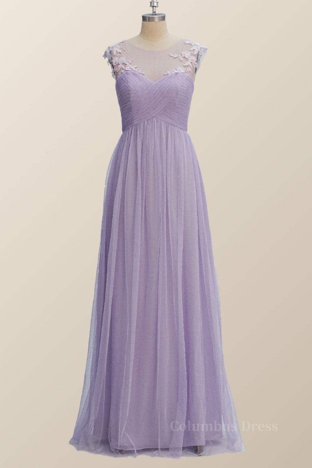 Lavender Illusion Scoop Lace Appliques A-line Corset Bridesmaid Dress outfit, Classy Gown