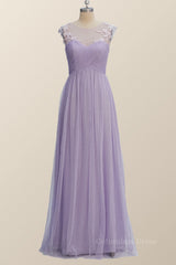 Lavender Illusion Scoop Lace Appliques A-line Corset Bridesmaid Dress outfit, Classy Gown