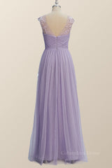Lavender Illusion Scoop Lace Appliques A-line Corset Bridesmaid Dress outfit, Dress Casual