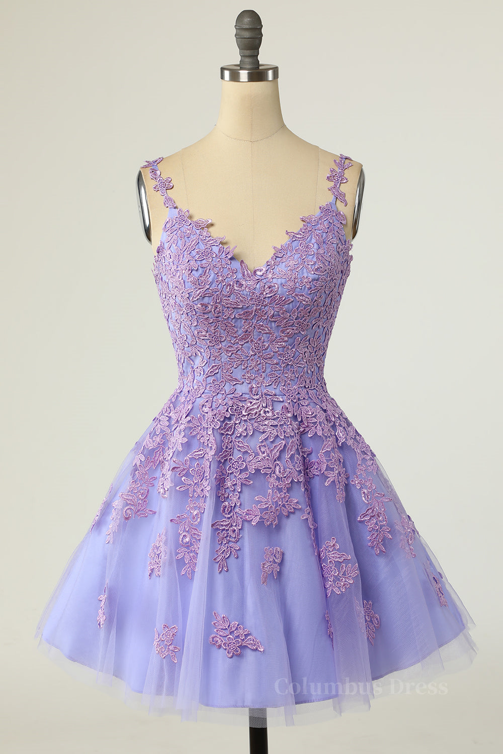Lavender Lace Appliques Princess A-line Short Corset Prom Dress outfits, Bridesmaids Dresses Styles