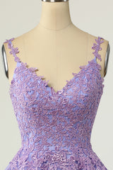 Lavender Lace Appliques Princess A-line Short Corset Prom Dress outfits, Bridesmaids Dress Style