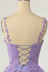 Lavender Lace Appliques Princess A-line Short Corset Prom Dress outfits, Bridesmaid Dresse Styles