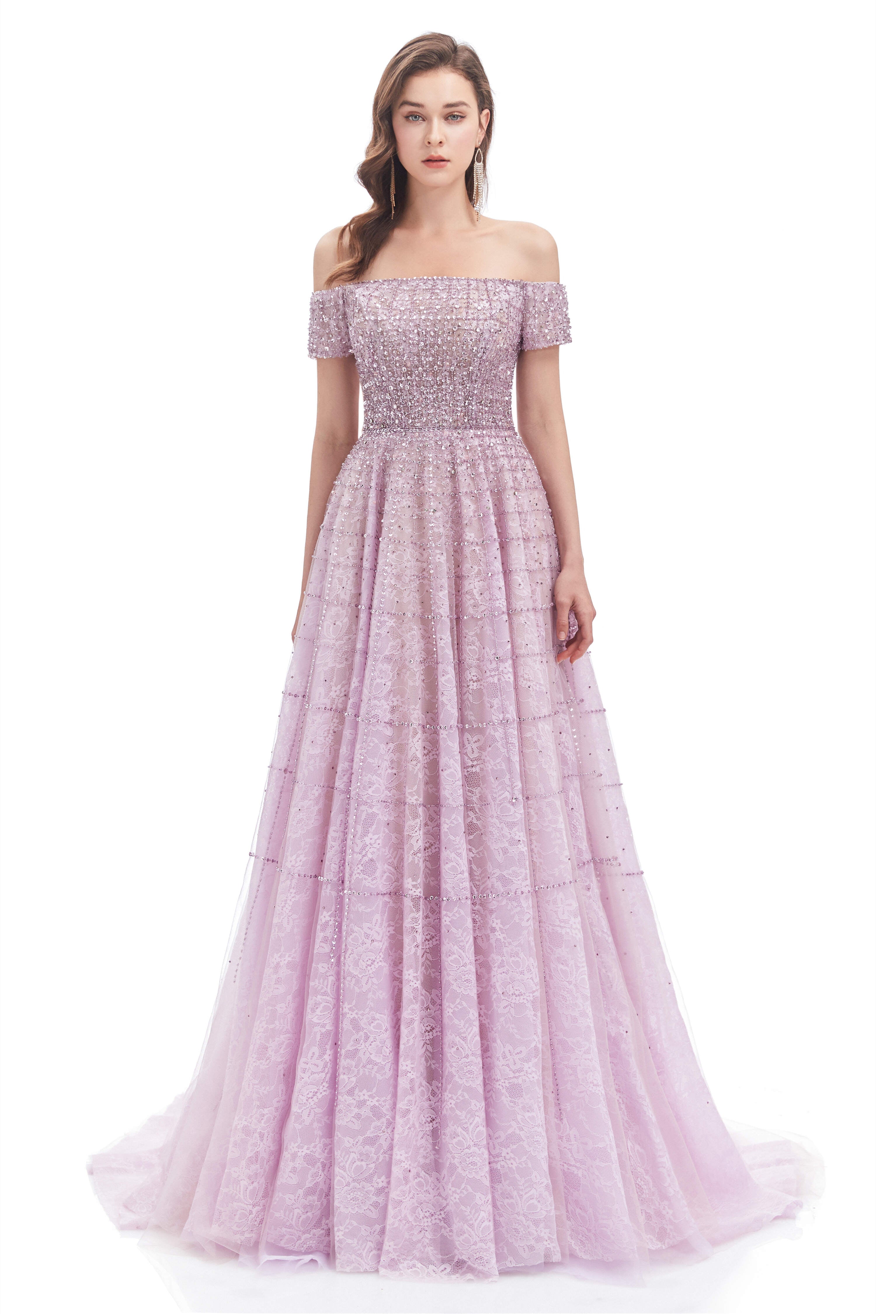 Lavender Lace Off the Shoulder Beaded Sequins Sweep-Train A-Line Corset Prom Dresses outfit, Formal Dress Lace