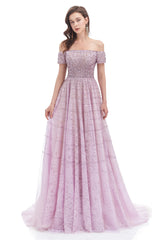 Lavender Lace Off the Shoulder Beaded Sequins Sweep-Train A-Line Corset Prom Dresses outfit, Formal Dresses Ballgown