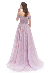 Lavender Lace Off the Shoulder Beaded Sequins Sweep-Train A-Line Corset Prom Dresses outfit, Formal Dress Party Wear