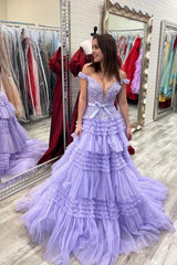 Lavender Off Shoulder Tiered Corset Prom Dress with Lace Outfits, Lavender Off Shoulder Tiered Prom Dress with Lace