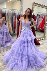 Lavender Off Shoulder Tiered Corset Prom Dress with Lace Outfits, Lavender Off Shoulder Tiered Prom Dress with Lace