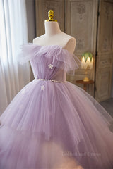 Lavender Ruffled Strapless Floral Applique Long Corset Prom Dress with Pearl Sash Gowns, Prom Dress Fairy