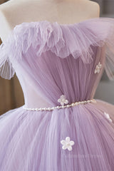 Lavender Ruffled Strapless Floral Applique Long Corset Prom Dress with Pearl Sash Gowns, Prom Dress Styling Hair