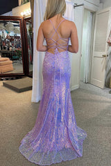 Lavender Sequin Mermaid Corset Prom Dress with Appliques Gowns, Lavender Sequin Mermaid Prom Dress with Appliques