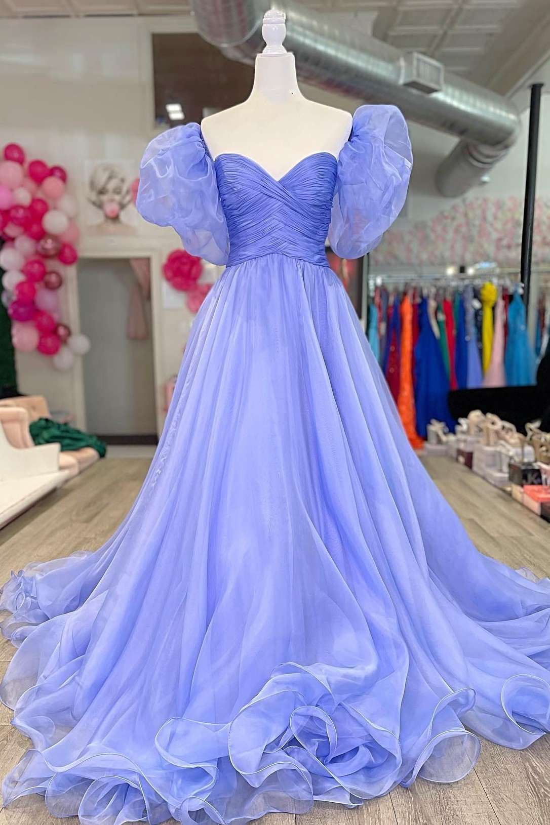 Lavender Strapless A-Line Organza Court Train Corset Prom Dress with Puff Sleeves Gowns, Homecoming Dress Shops