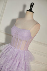 Lavender Strapless Dot Tulle Multi-Layers Corset Homecoming Dress outfit, Prom Dresses Blue Lace
