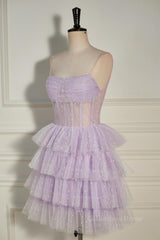 Lavender Strapless Dot Tulle Multi-Layers Corset Homecoming Dress outfit, Prom Dress Blue Lace