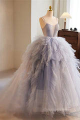 Lavender Straps A-line Ruffle Layers Long Corset Prom Dress outfits, Prom Dresses For Kids