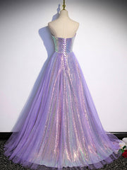 Lavender Tulle and Sequins Sweetheart Long Pary Dress, A-line Corset Prom Dress Corset Formal Dresses outfit, Spring Dress