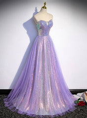 Lavender Tulle and Sequins Sweetheart Long Pary Dress, A-line Corset Prom Dress Corset Formal Dresses outfit, Simple Dress