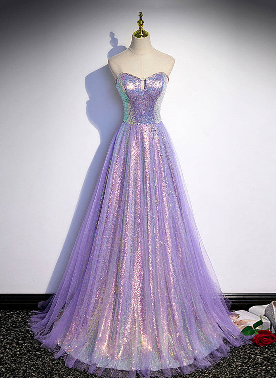 Lavender Tulle and Sequins Sweetheart Long Pary Dress, A-line Corset Prom Dress Corset Formal Dresses outfit, Party Dress Brown