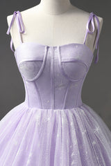 Lavender Tulle Straps Floor Length Evening Dress, Lavender A-Line Corset Prom Dress outfits, Non Traditional Wedding Dress