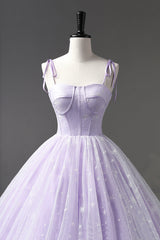 Lavender Tulle Straps Floor Length Evening Dress, Lavender A-Line Corset Prom Dress outfits, Dusty Blue Bridesmaid Dress