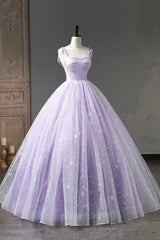 Lavender Tulle Straps Floor Length Evening Dress, Lavender A-Line Corset Prom Dress outfits, Beauty Dress