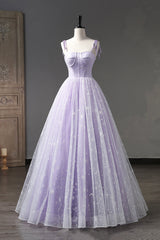 Lavender Tulle Straps Floor Length Evening Dress, Lavender A-Line Corset Prom Dress outfits, White Wedding