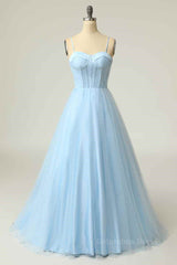 Light Blue A-line Boning Adjustable Spaghetti Straps Tulle Long Corset Prom Dress outfits, Party Dresses Design