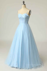 Light Blue A-line Boning Adjustable Spaghetti Straps Tulle Long Corset Prom Dress outfits, Party Dresses Designs