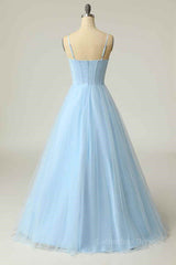 Light Blue A-line Boning Adjustable Spaghetti Straps Tulle Long Corset Prom Dress outfits, Party Dresses Teens