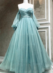 Light Blue A-line Long Sleeves Party Dress with Lace, Sweetheart Long Corset Prom Dress outfits, Beauty Dress