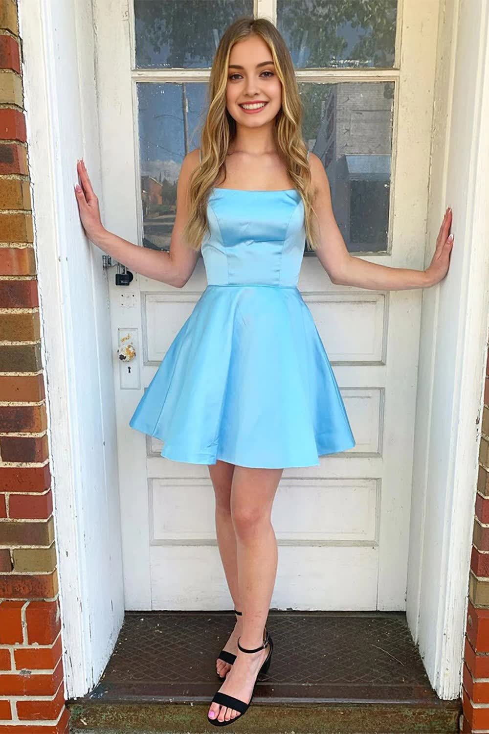 Light Blue A Line Simple Corset Homecoming dress outfit, Light Blue A Line Simple Homecoming dress