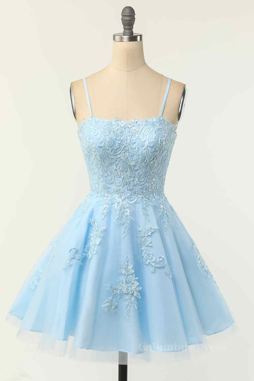 Light Blue A-line Spaghetti Straps Lace-Up Back Applique Mini Corset Homecoming Dress outfit, Strapless Prom Dress