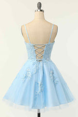 Light Blue A-line Spaghetti Straps Lace-Up Back Applique Mini Corset Homecoming Dress outfit, Backless Dress