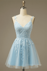 Light Blue A-line V Neck Appliques Tulle Mini Corset Homecoming Dress outfit, Formal Dresses Long Blue