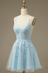 Light Blue A-line V Neck Appliques Tulle Mini Corset Homecoming Dress outfit, Formal Dress For Party Wear