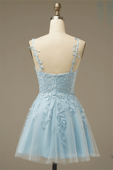 Light Blue A-line V Neck Appliques Tulle Mini Corset Homecoming Dress outfit, Formal Dresses Australia